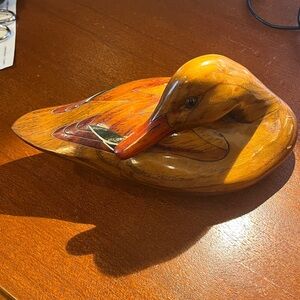Gene Malin Handcrafted Wooden Duck Figurine - Brown and Orange. Signed & dated